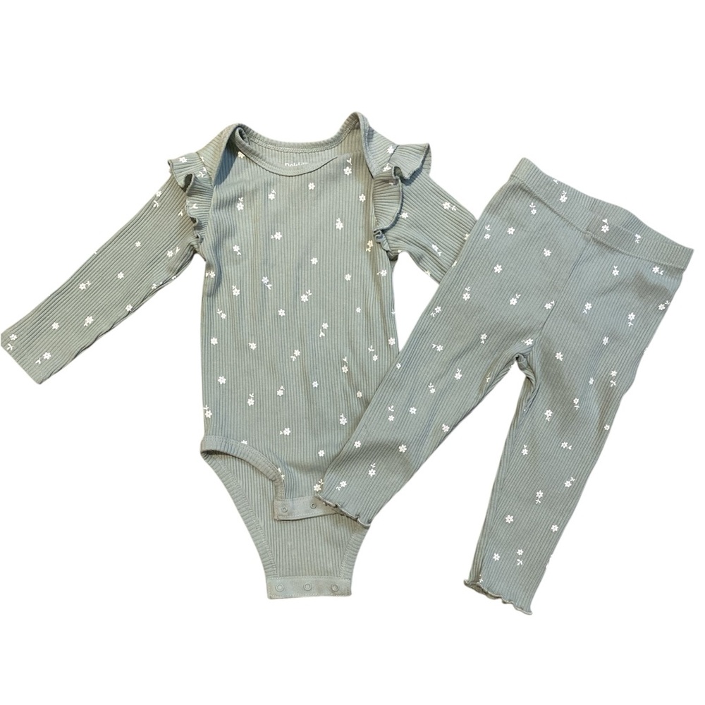 4/$20 Green Pekkle Baby Girl Bodysuit and Pants Set Floral 12 M
